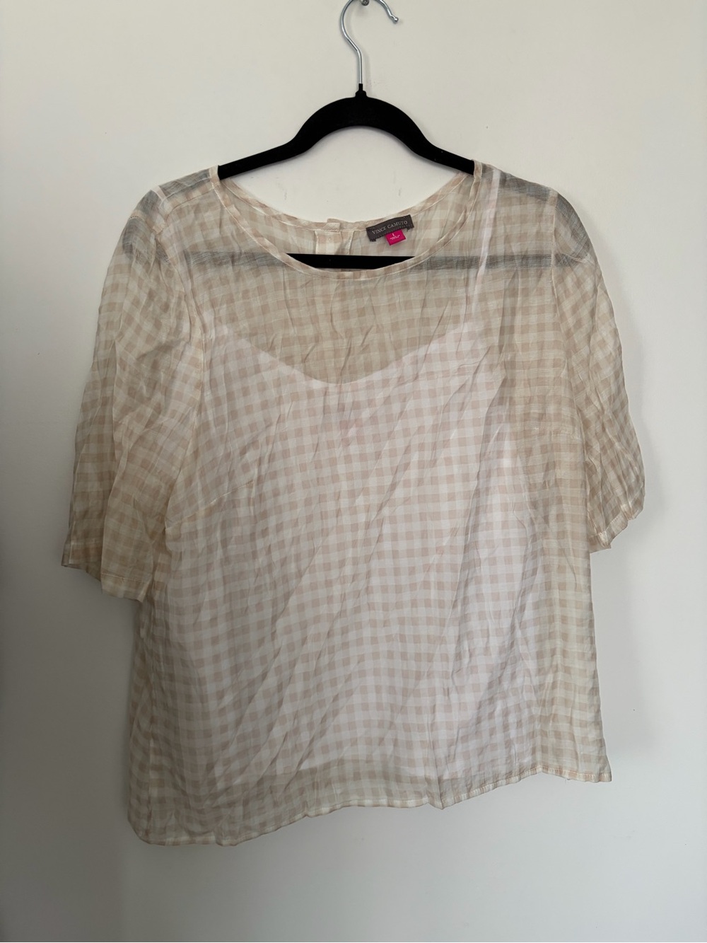 Vince Camuto Cream and White Gingham Sheer Layered Blouse - L